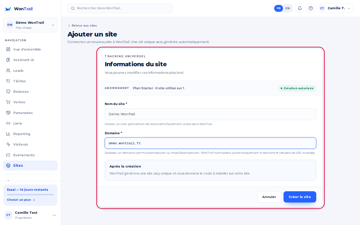 Formulaire « Ajouter un site » rempli