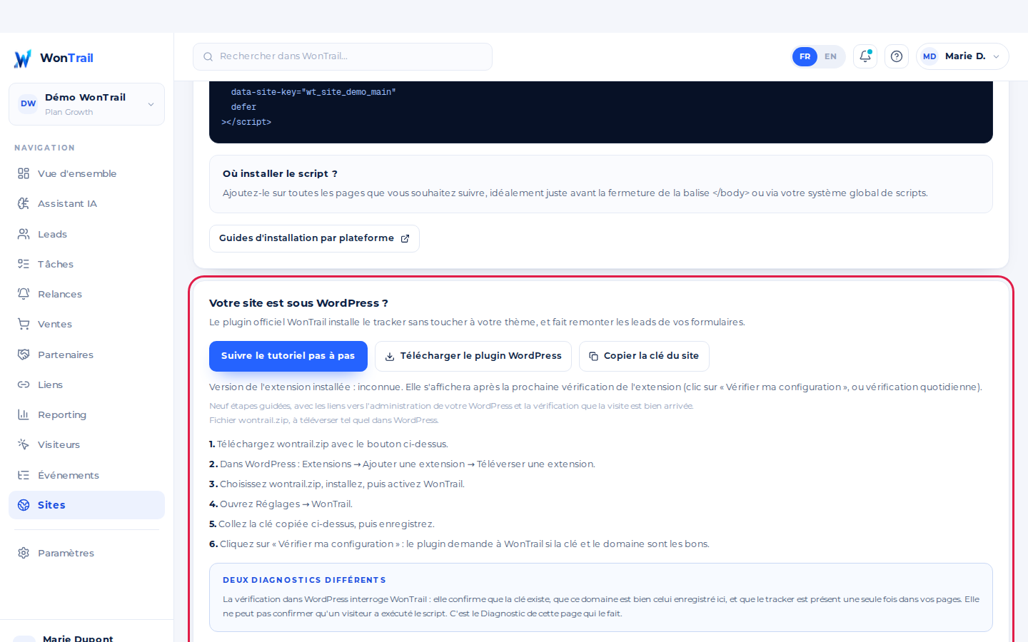 Encadré « Votre site est sous WordPress ? » de la fiche du site