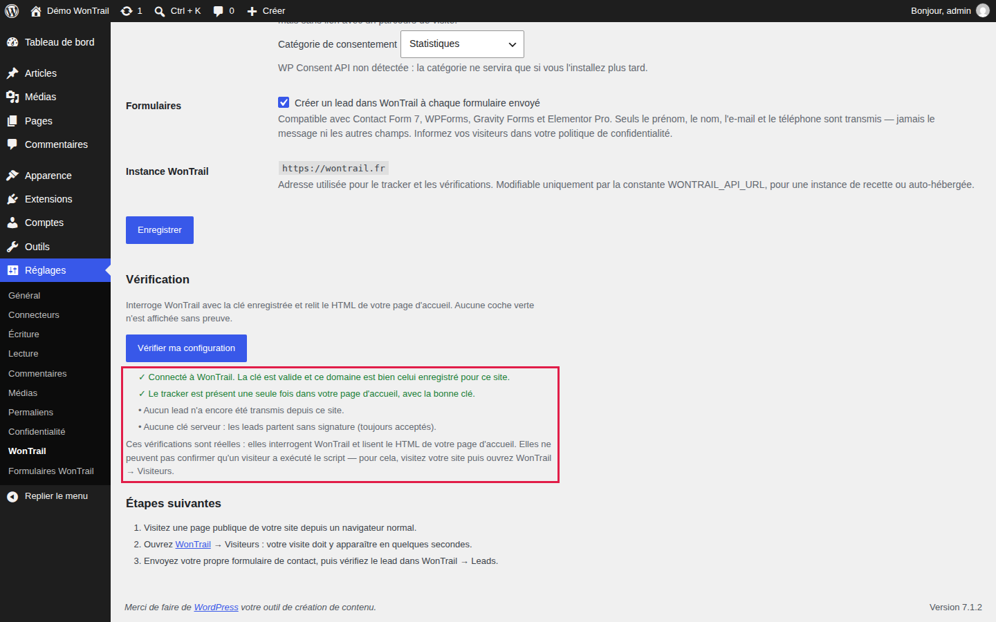 Vérification : « Connecté à WonTrail » et tracker présent une seule fois