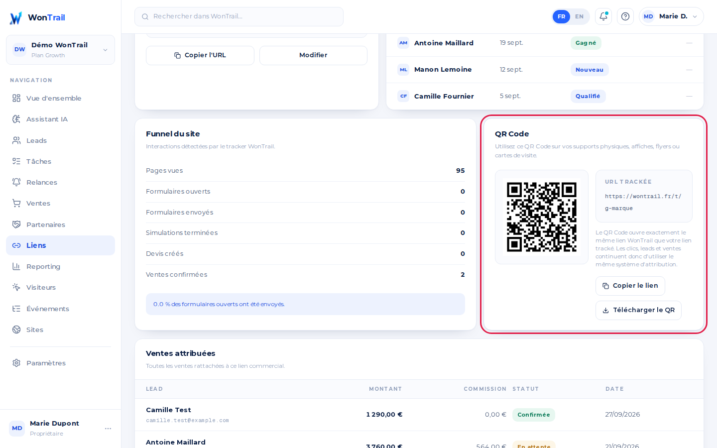 Fiche d'un lien tracké avec son QR Code