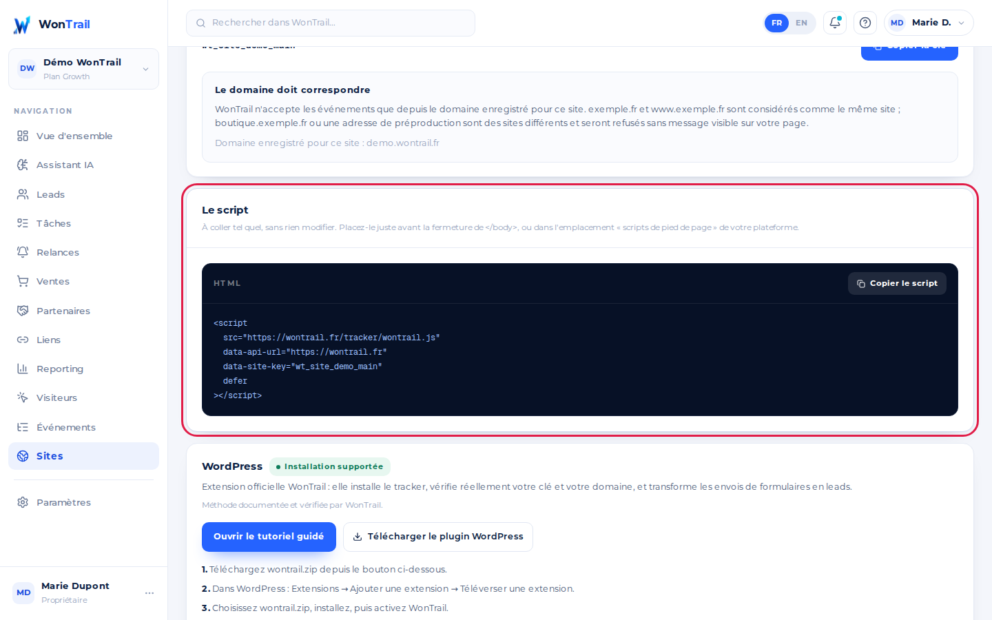 La carte « Le script » de la page d'installation